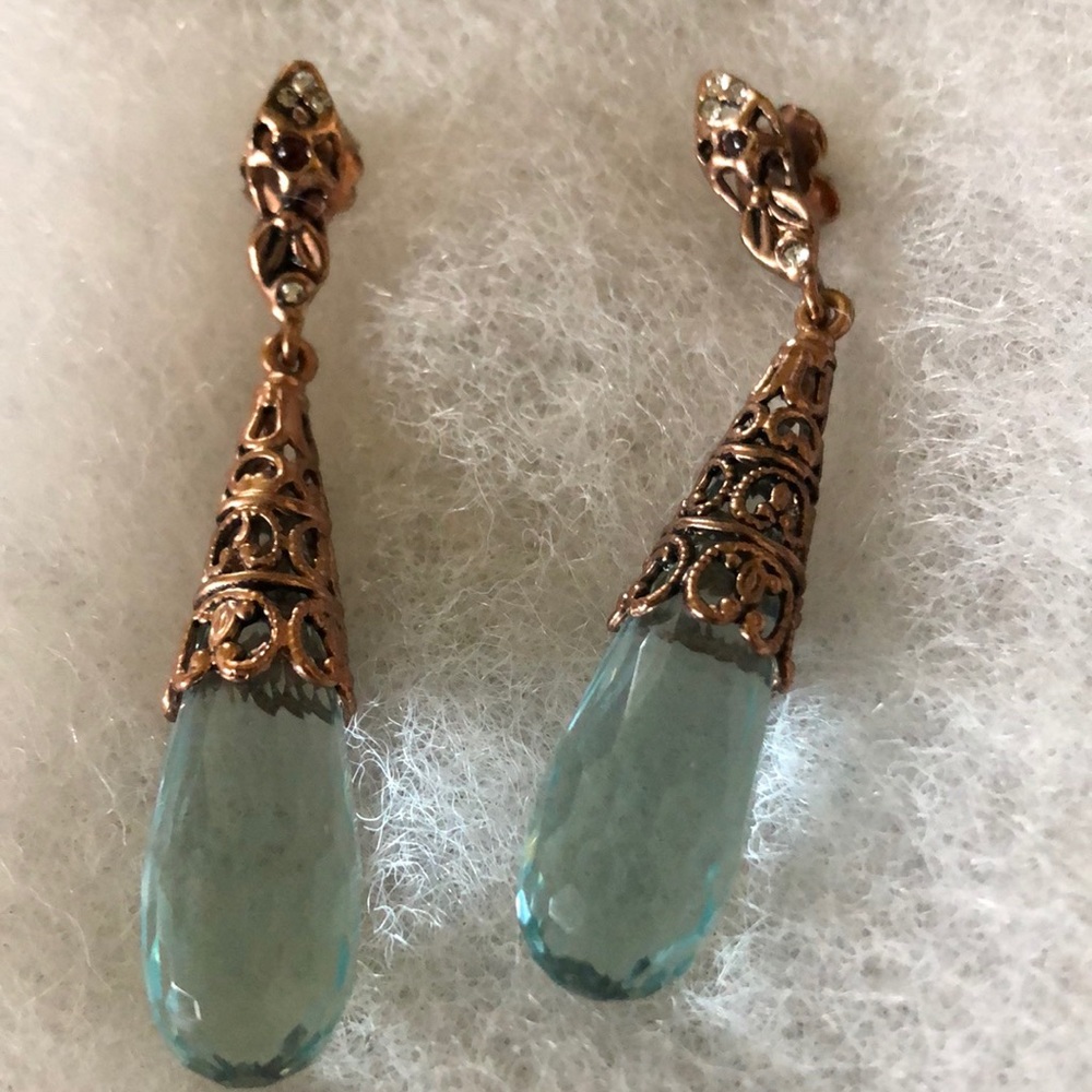Gold and Blue Stone Drop Earrings